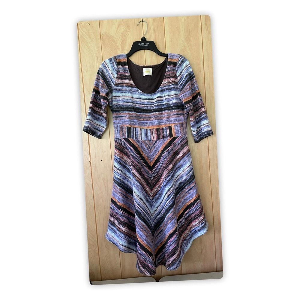 Maeve Dress Womens Medium Multicolor Striped 3/4 Sleeve Fit Flare Midi